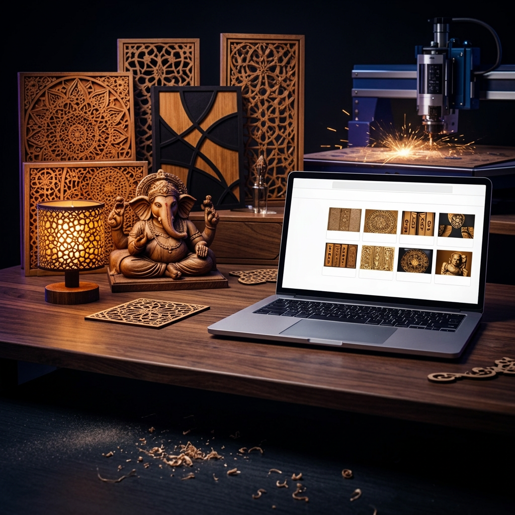 Laser-cut mandala panels, lamp and design library on a workshop desk